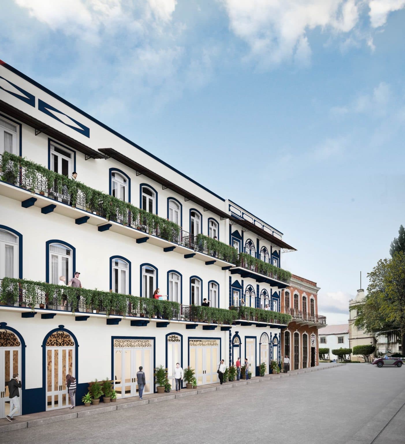 Fachada restaurada de Casa Variedades, junto al Teatro Variedades en el Casco Antiguo. Render: Blue Point Panamá / Casco Development.